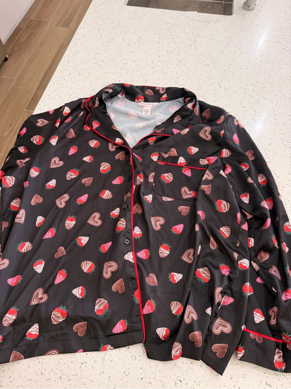 dipped Strawberry Print Satin Pajama Top